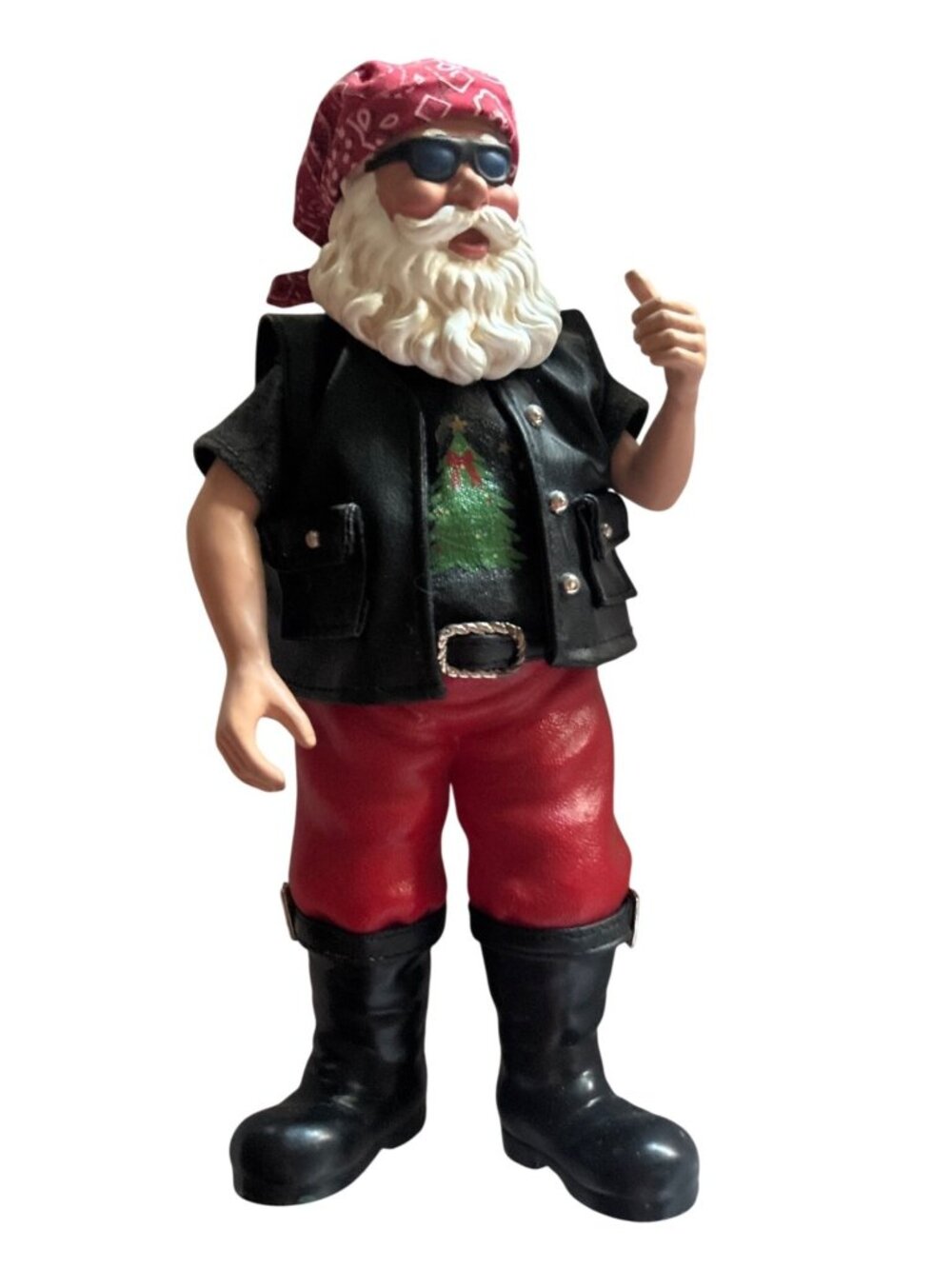 Biker Santa Claus Figurine Leather Vest Red Pants Bandana Holiday Decor 10" Tall